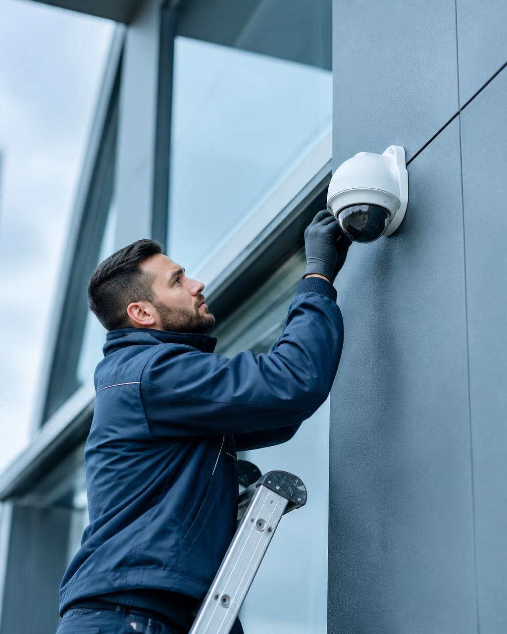 Technicien installant une caméra de vidéosurveillance